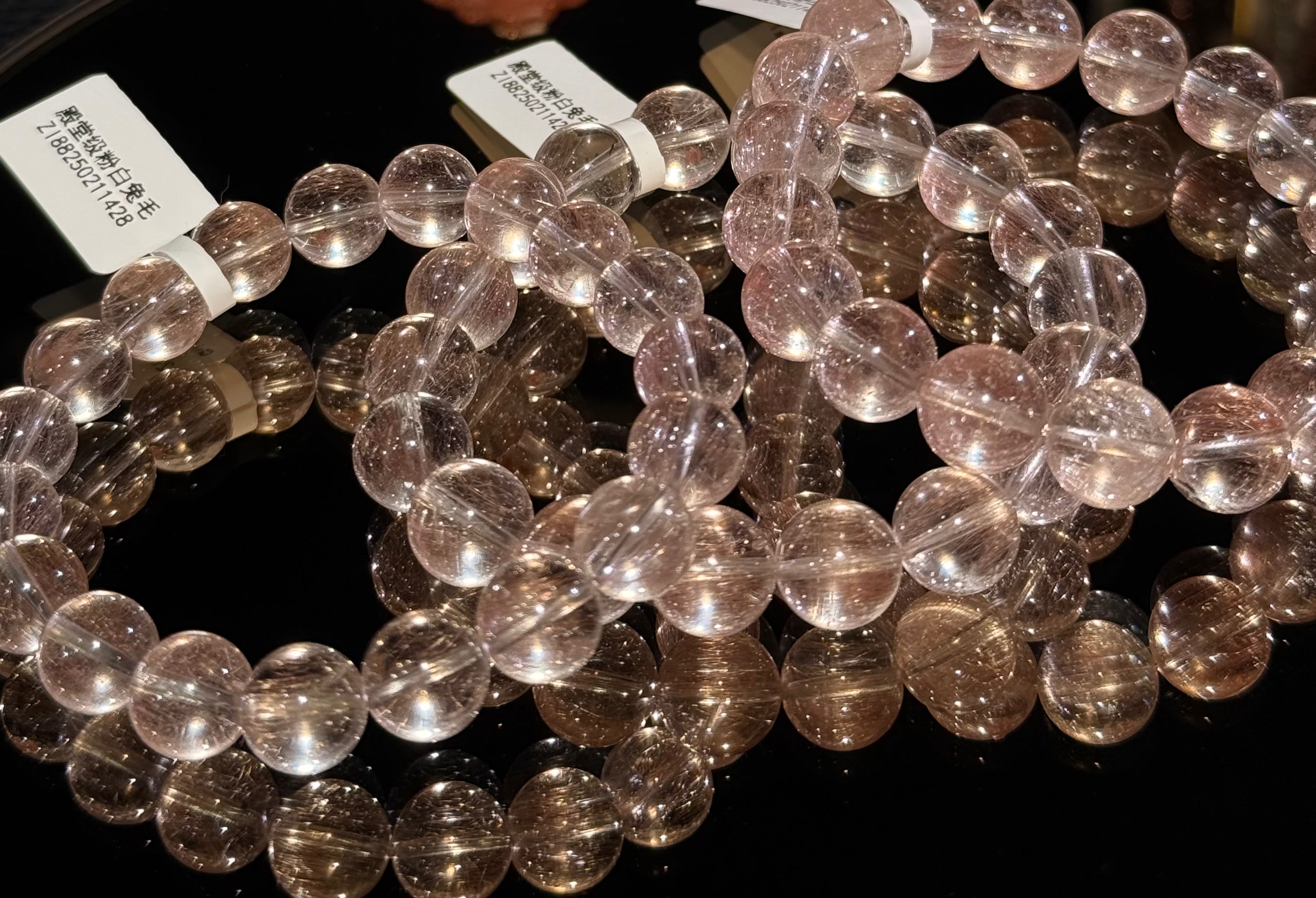 Pink Rutilated Quartz Pink Rutilated Quartz Beaded Bracelet 殿堂级粉白拉丝兔毛 – CHILI CHILI CRYSTAL