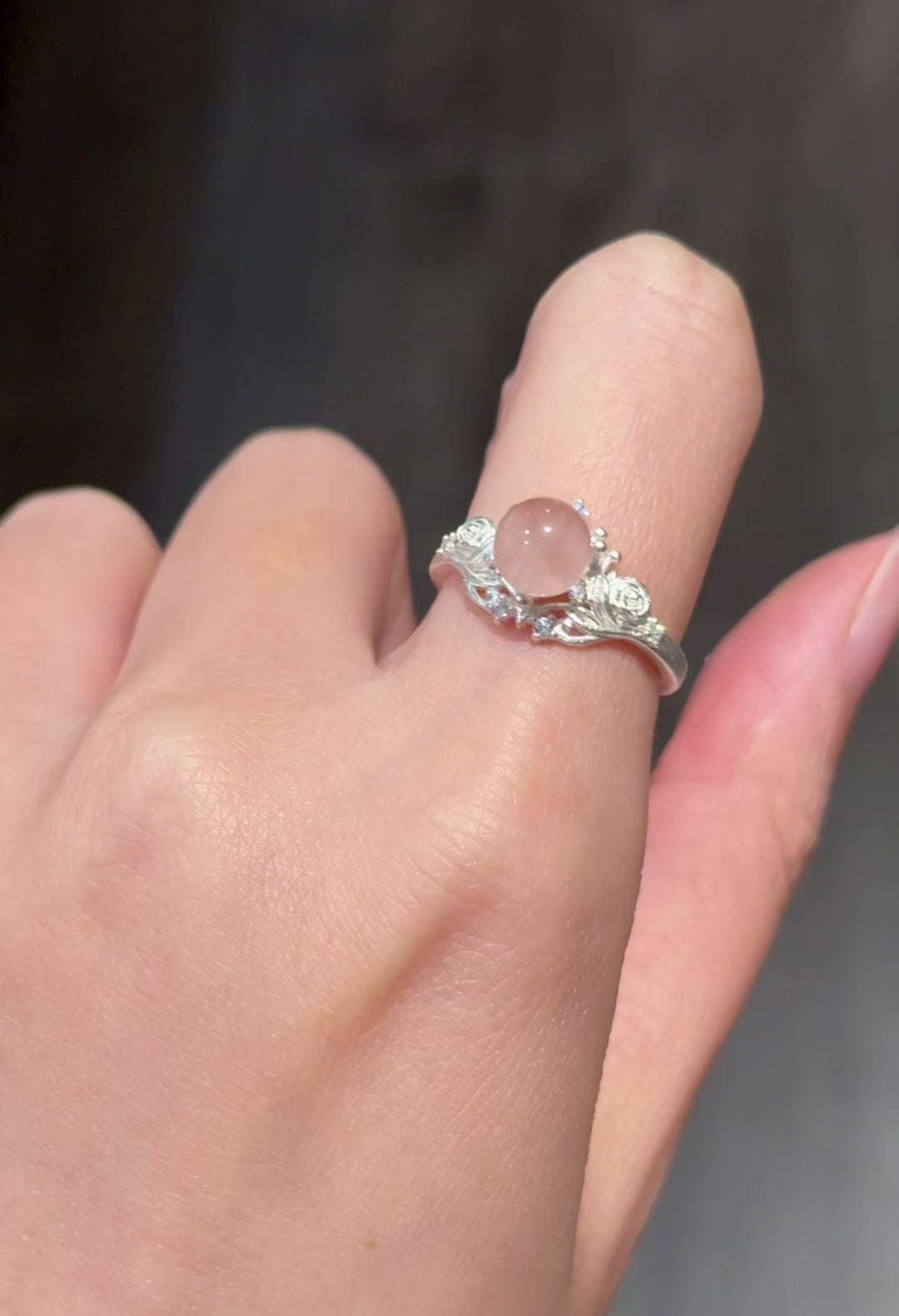 Pink Rabbit Hair Quartz Ring 樱花粉兔毛925银戒指（可调节指围）